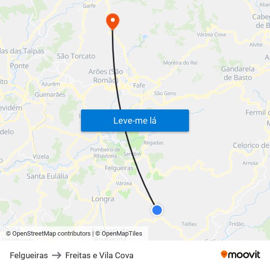 Felgueiras to Freitas e Vila Cova map