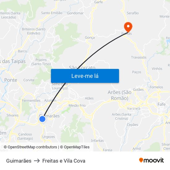 Guimarães to Freitas e Vila Cova map