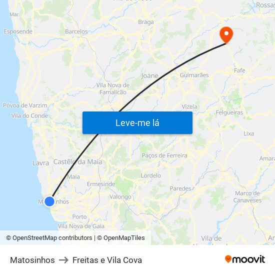 Matosinhos to Freitas e Vila Cova map