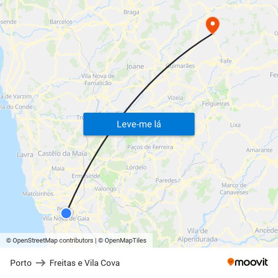 Porto to Freitas e Vila Cova map