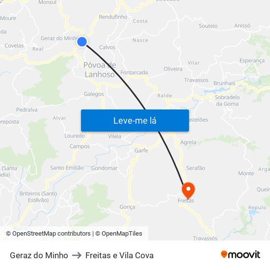 Geraz do Minho to Freitas e Vila Cova map