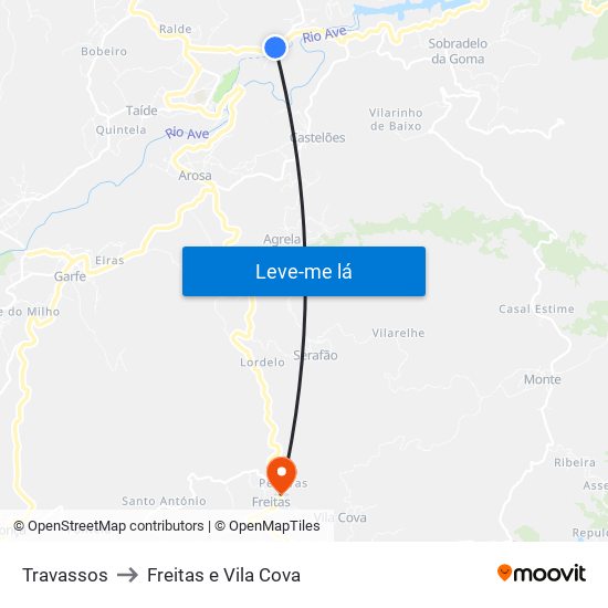 Travassos to Freitas e Vila Cova map