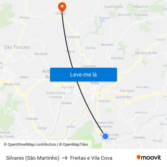 Silvares (São Martinho) to Freitas e Vila Cova map