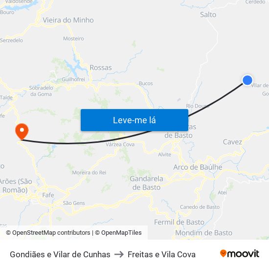 Gondiães e Vilar de Cunhas to Freitas e Vila Cova map