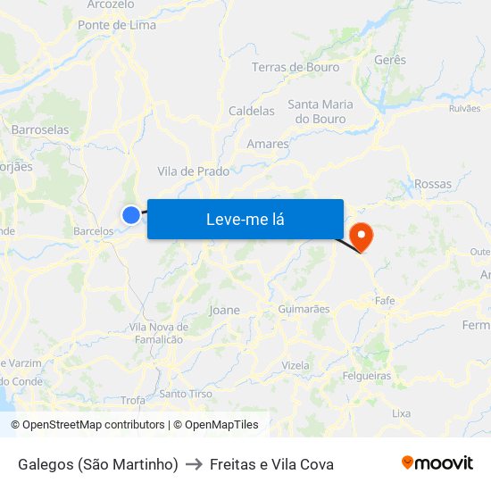 Galegos (São Martinho) to Freitas e Vila Cova map