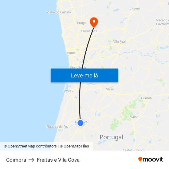Coimbra to Freitas e Vila Cova map