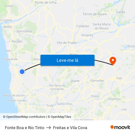 Fonte Boa e Rio Tinto to Freitas e Vila Cova map