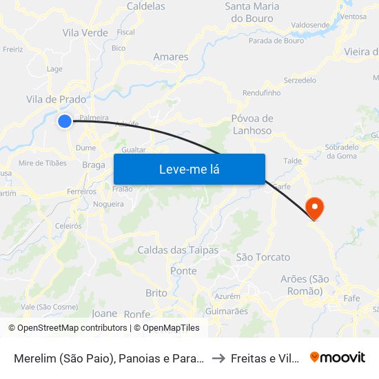 Merelim (São Paio), Panoias e Parada de Tibães to Freitas e Vila Cova map