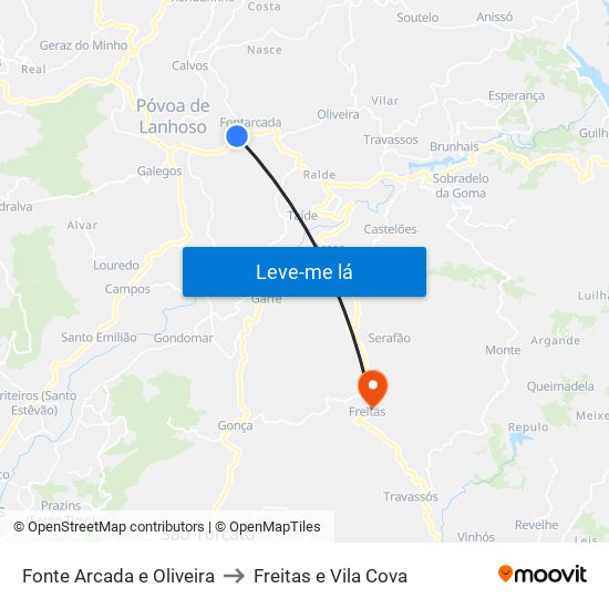 Fonte Arcada e Oliveira to Freitas e Vila Cova map