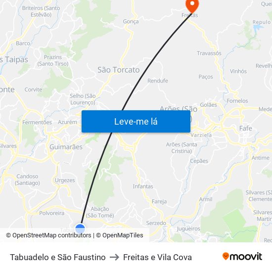 Tabuadelo e São Faustino to Freitas e Vila Cova map