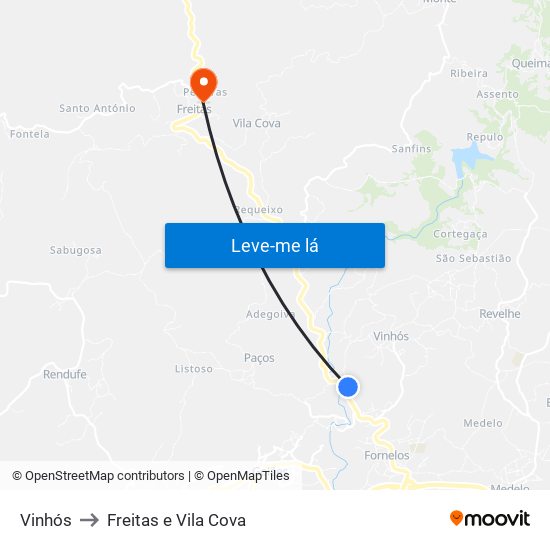 Vinhós to Freitas e Vila Cova map