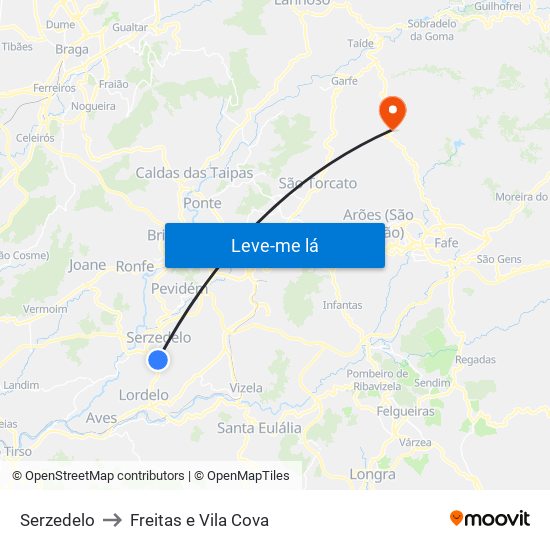 Serzedelo to Freitas e Vila Cova map