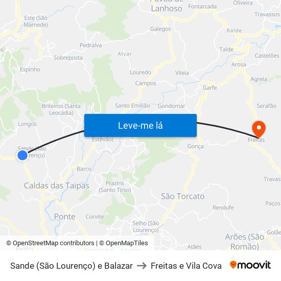 Sande (São Lourenço) e Balazar to Freitas e Vila Cova map