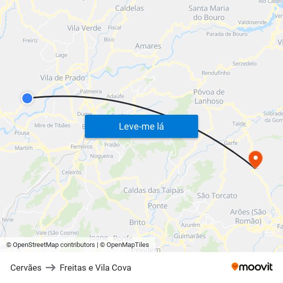 Cervães to Freitas e Vila Cova map