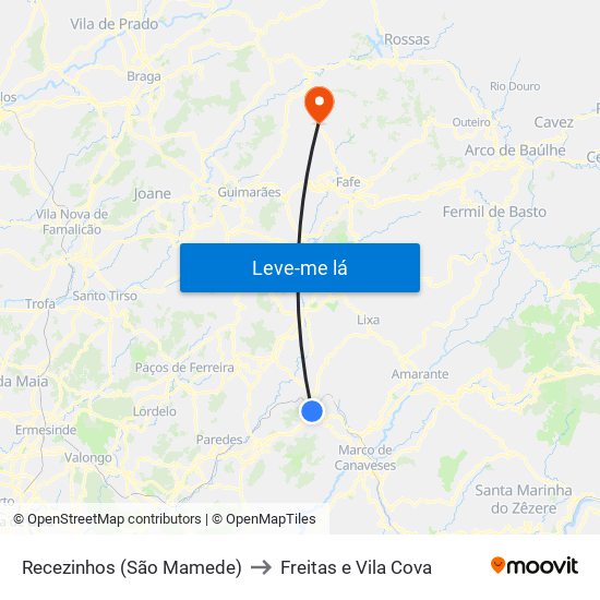 Recezinhos (São Mamede) to Freitas e Vila Cova map
