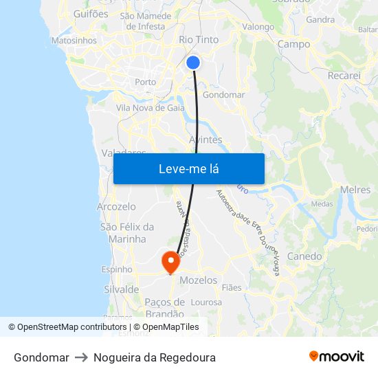 Gondomar to Nogueira da Regedoura map