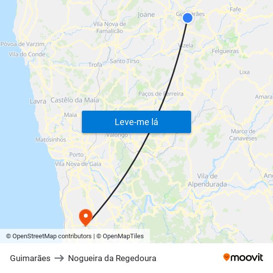 Guimarães to Nogueira da Regedoura map