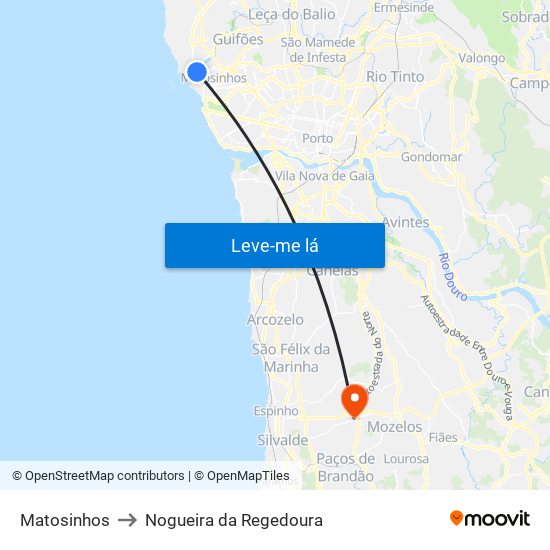 Matosinhos to Nogueira da Regedoura map