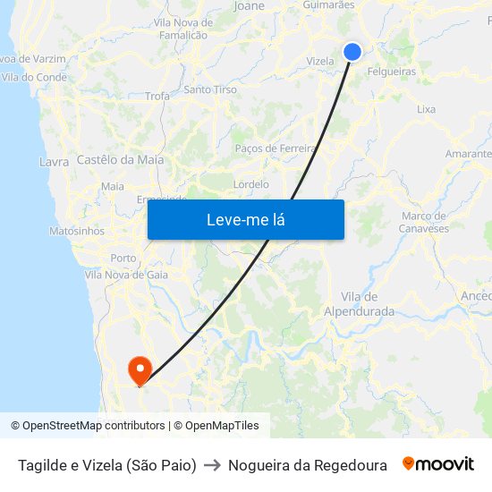 Tagilde e Vizela (São Paio) to Nogueira da Regedoura map