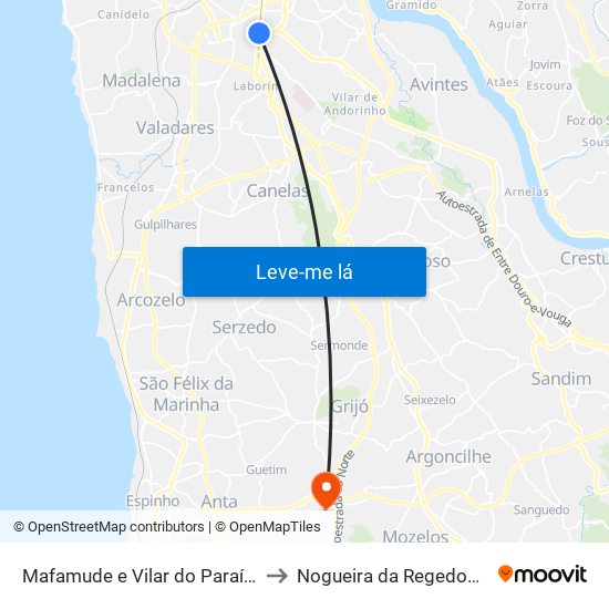 Mafamude e Vilar do Paraíso to Nogueira da Regedoura map