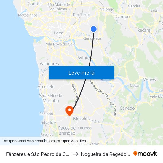 Fânzeres e São Pedro da Cova to Nogueira da Regedoura map