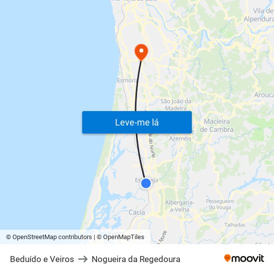 Beduído e Veiros to Nogueira da Regedoura map