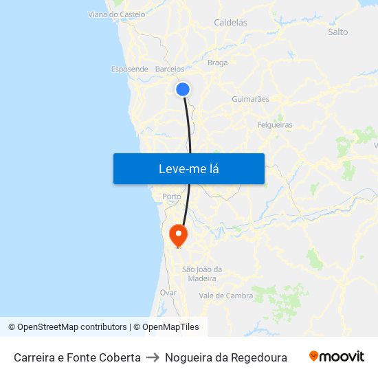 Carreira e Fonte Coberta to Nogueira da Regedoura map