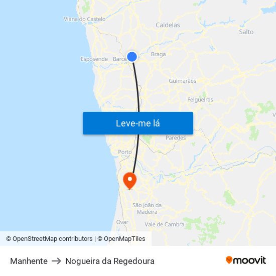 Manhente to Nogueira da Regedoura map