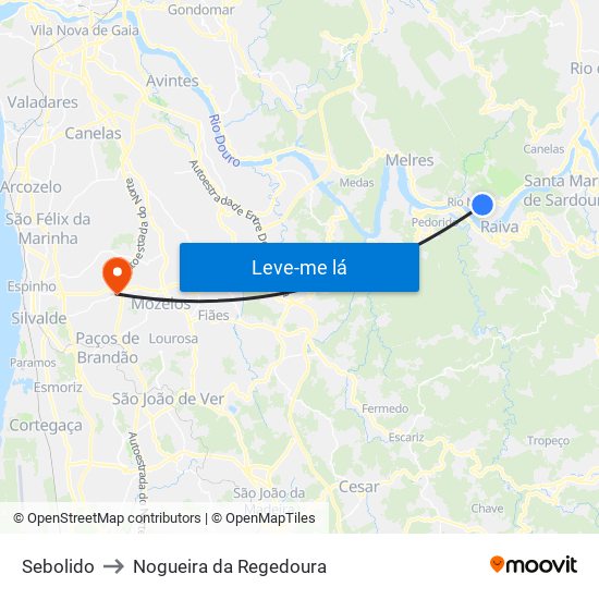 Sebolido to Nogueira da Regedoura map