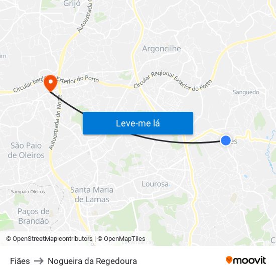 Fiães to Nogueira da Regedoura map