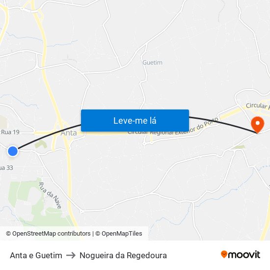 Anta e Guetim to Nogueira da Regedoura map