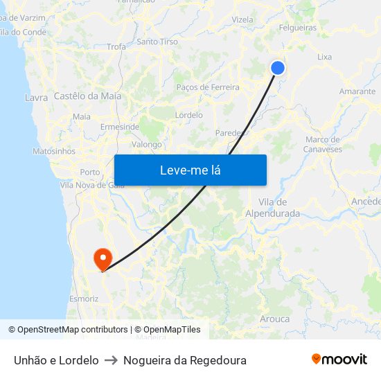 Unhão e Lordelo to Nogueira da Regedoura map