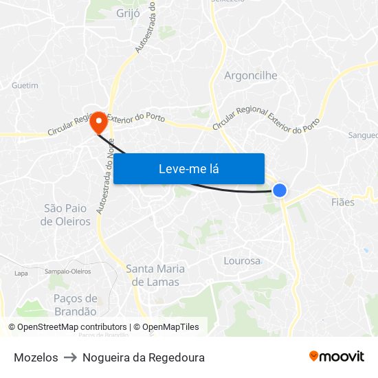 Mozelos to Nogueira da Regedoura map