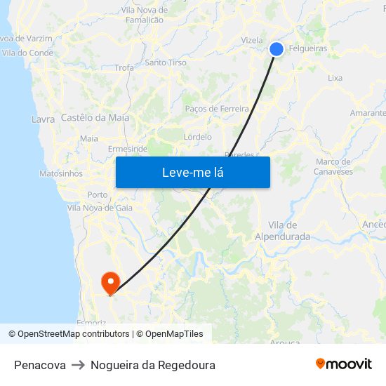 Penacova to Nogueira da Regedoura map