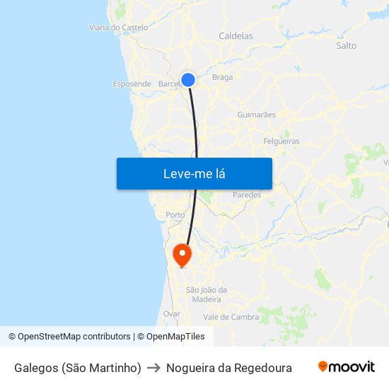 Galegos (São Martinho) to Nogueira da Regedoura map
