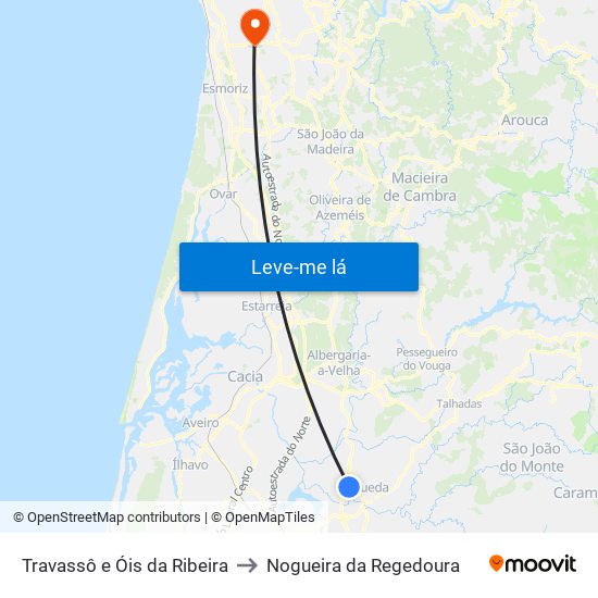 Travassô e Óis da Ribeira to Nogueira da Regedoura map