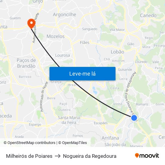 Milheirós de Poiares to Nogueira da Regedoura map