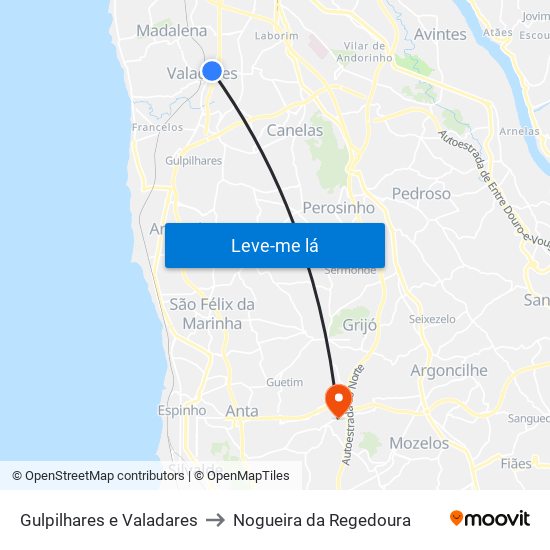 Gulpilhares e Valadares to Nogueira da Regedoura map