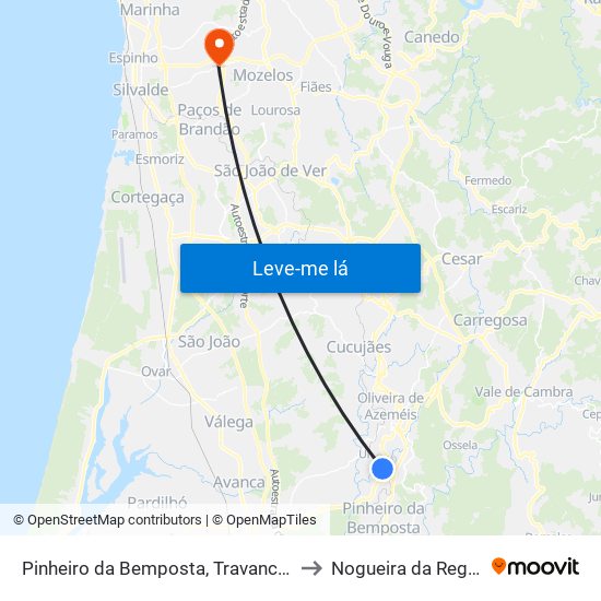 Pinheiro da Bemposta, Travanca e Palmaz to Nogueira da Regedoura map