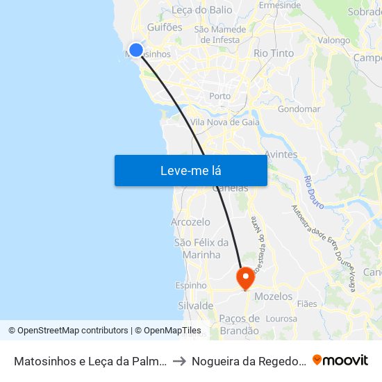 Matosinhos e Leça da Palmeira to Nogueira da Regedoura map