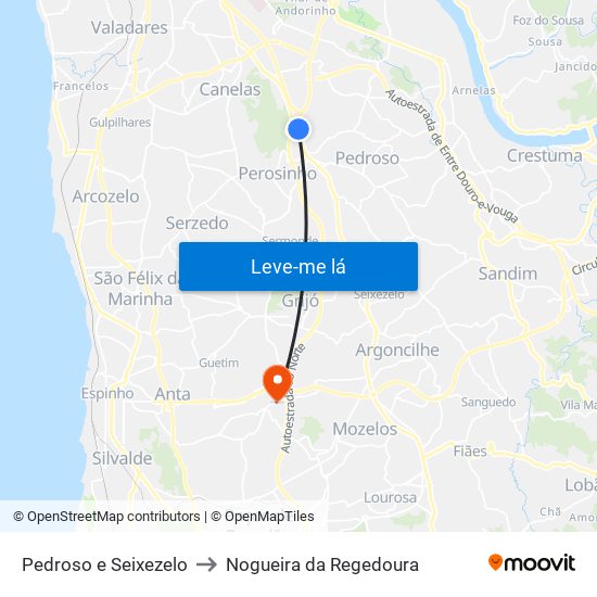 Pedroso e Seixezelo to Nogueira da Regedoura map