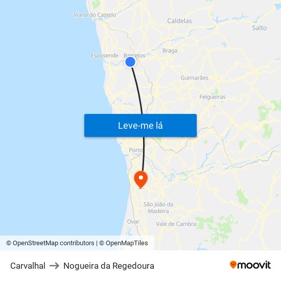 Carvalhal to Nogueira da Regedoura map