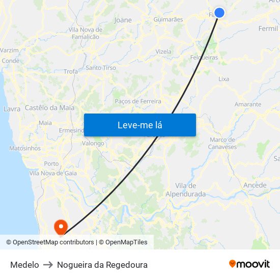 Medelo to Nogueira da Regedoura map