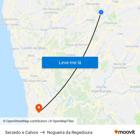 Serzedo e Calvos to Nogueira da Regedoura map