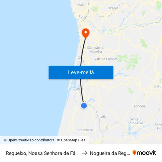 Requeixo, Nossa Senhora de Fátima e Nariz to Nogueira da Regedoura map