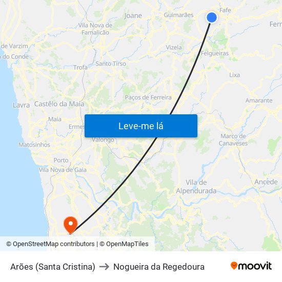 Arões (Santa Cristina) to Nogueira da Regedoura map