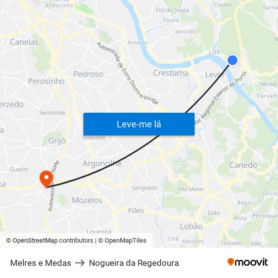 Melres e Medas to Nogueira da Regedoura map