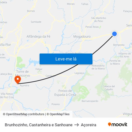 Brunhozinho, Castanheira e Sanhoane to Açoreira map