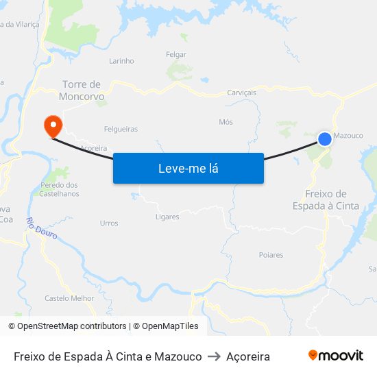 Freixo de Espada À Cinta e Mazouco to Açoreira map