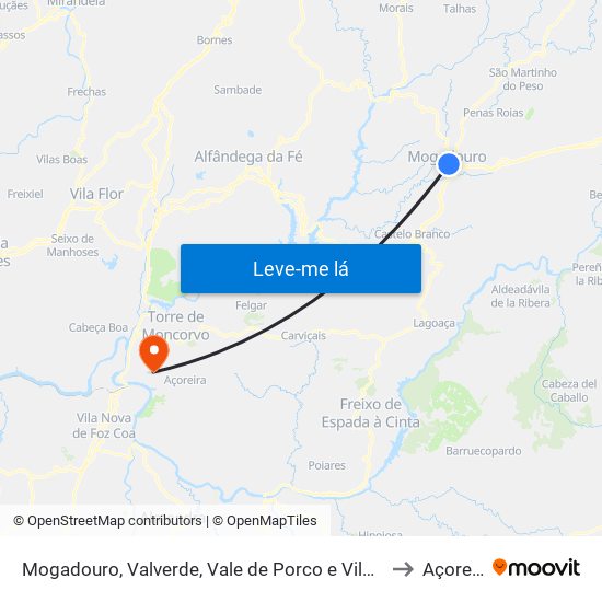 Mogadouro, Valverde, Vale de Porco e Vilar de Rei to Açoreira map